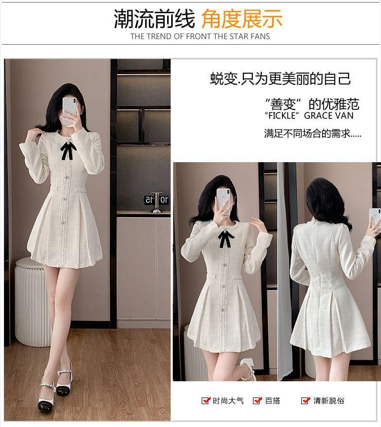 Long-Sleeve Crewneck Button-Up Mini A-Line Dress Product Image