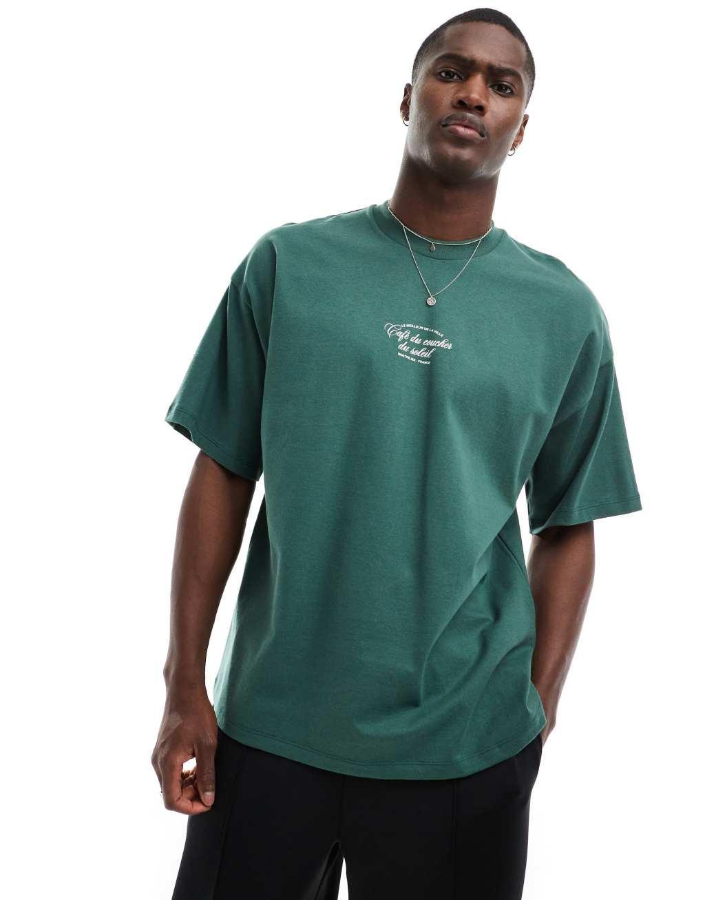 Selected Homme oversized heavy weight T-shirt with script backprint in green Product Image