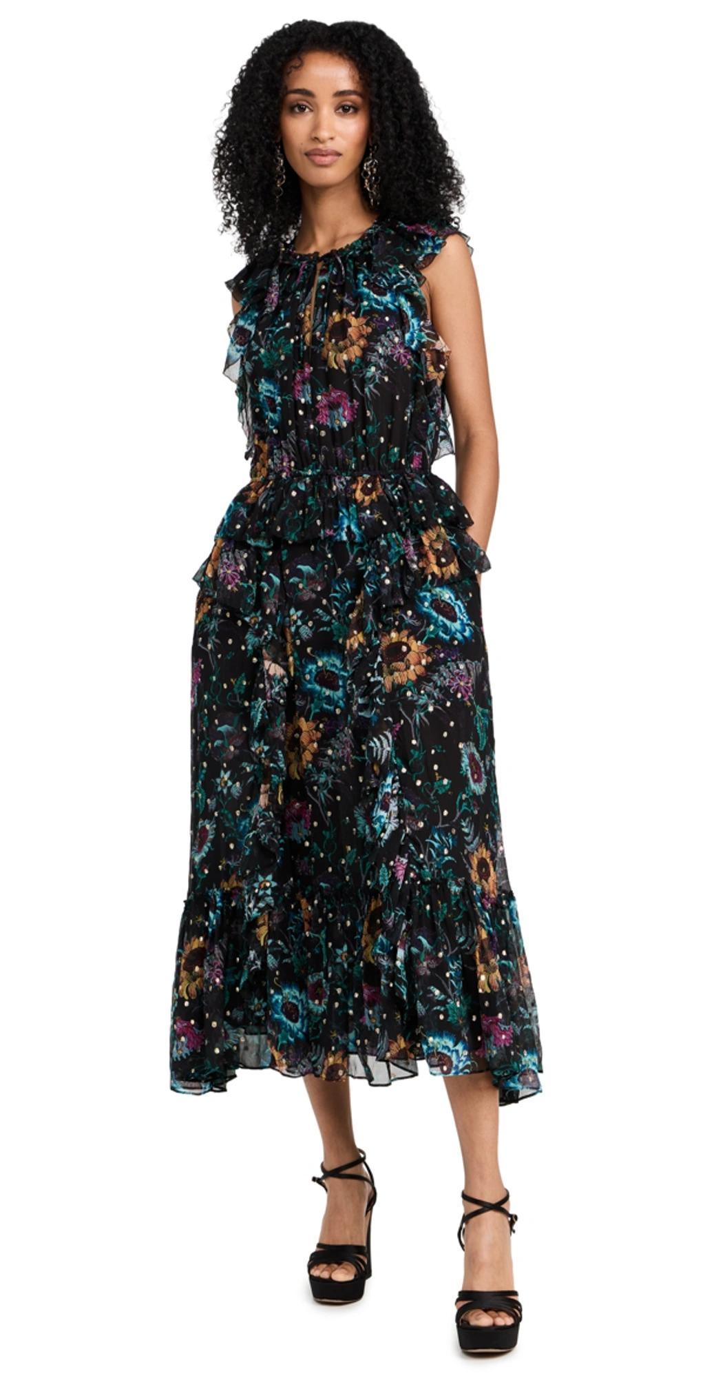 ULLA JOHNSON Adrienne Sleeveless Tiered Ruffle Printed Midi Dress In Black Iris Product Image