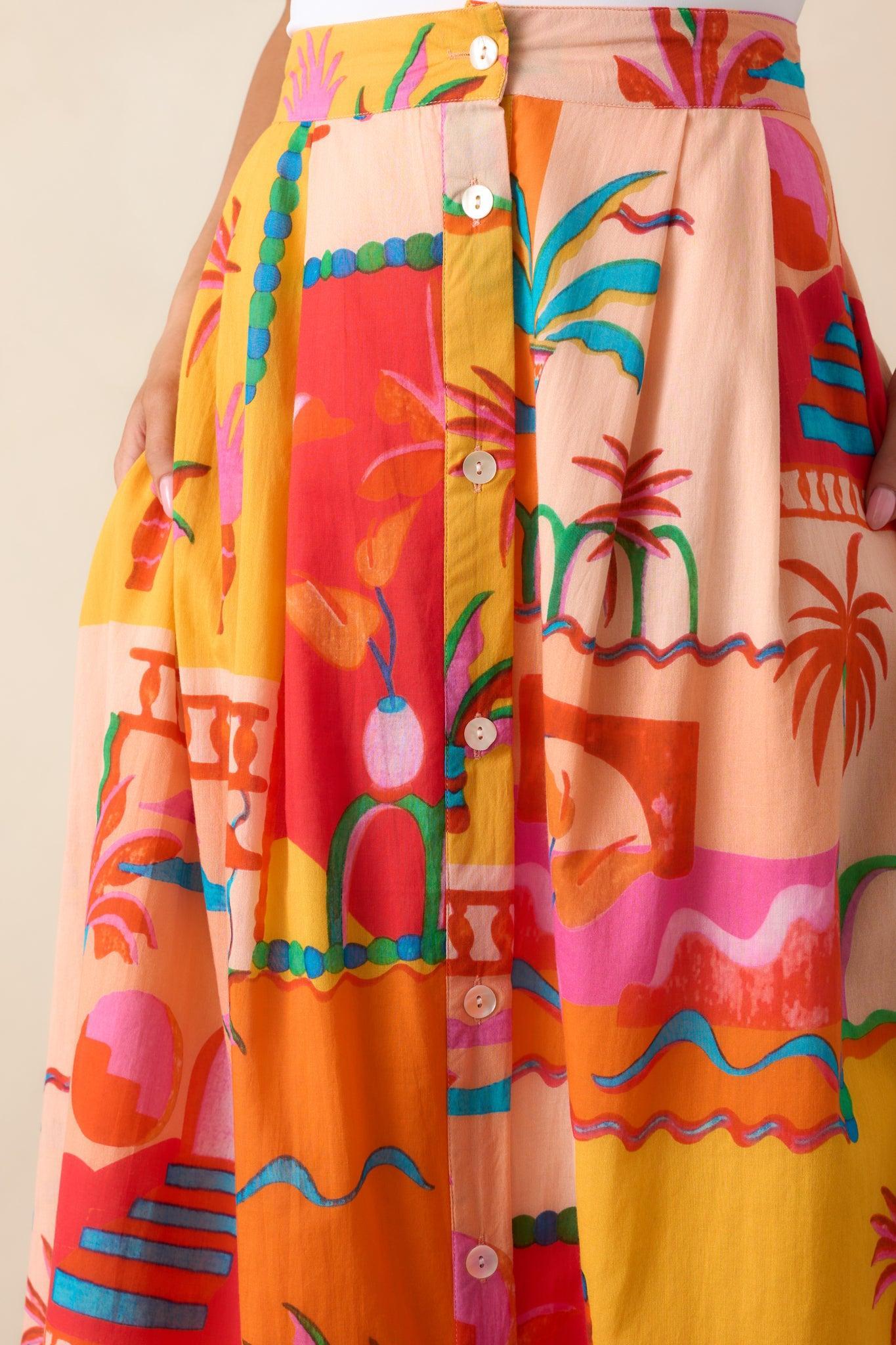 Bright Idea Orange Tropical Print Cotton Button Front Midi Skirt Product Image