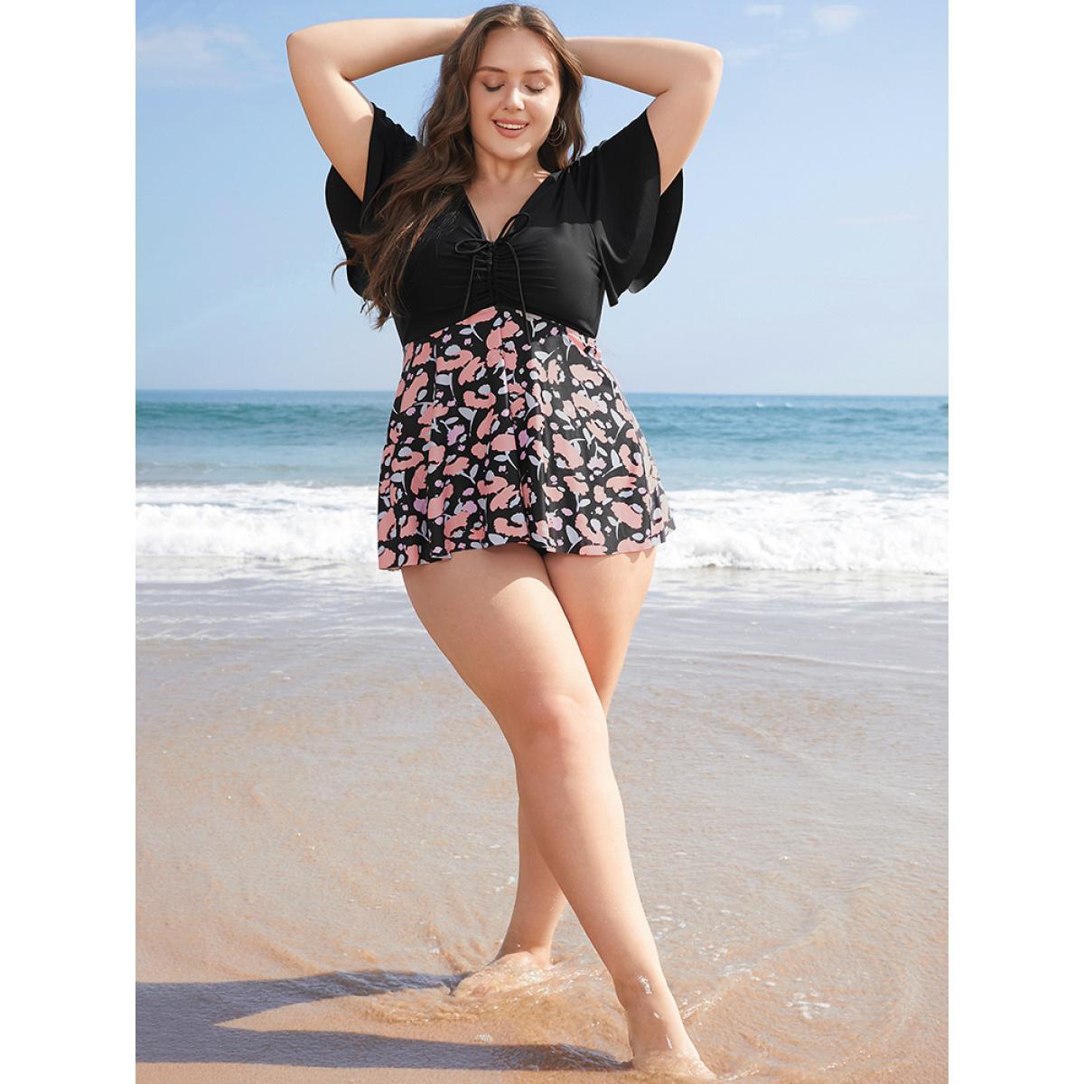 Plus Size Floral Patchwork Drawstring Ruffle Sleeve Tankini Top Women's Swimwear Black Vacation Adjustable Straps High stretch Bodycon V-neck Curve Swim Tops BloomChic 22-24/3X Product Image