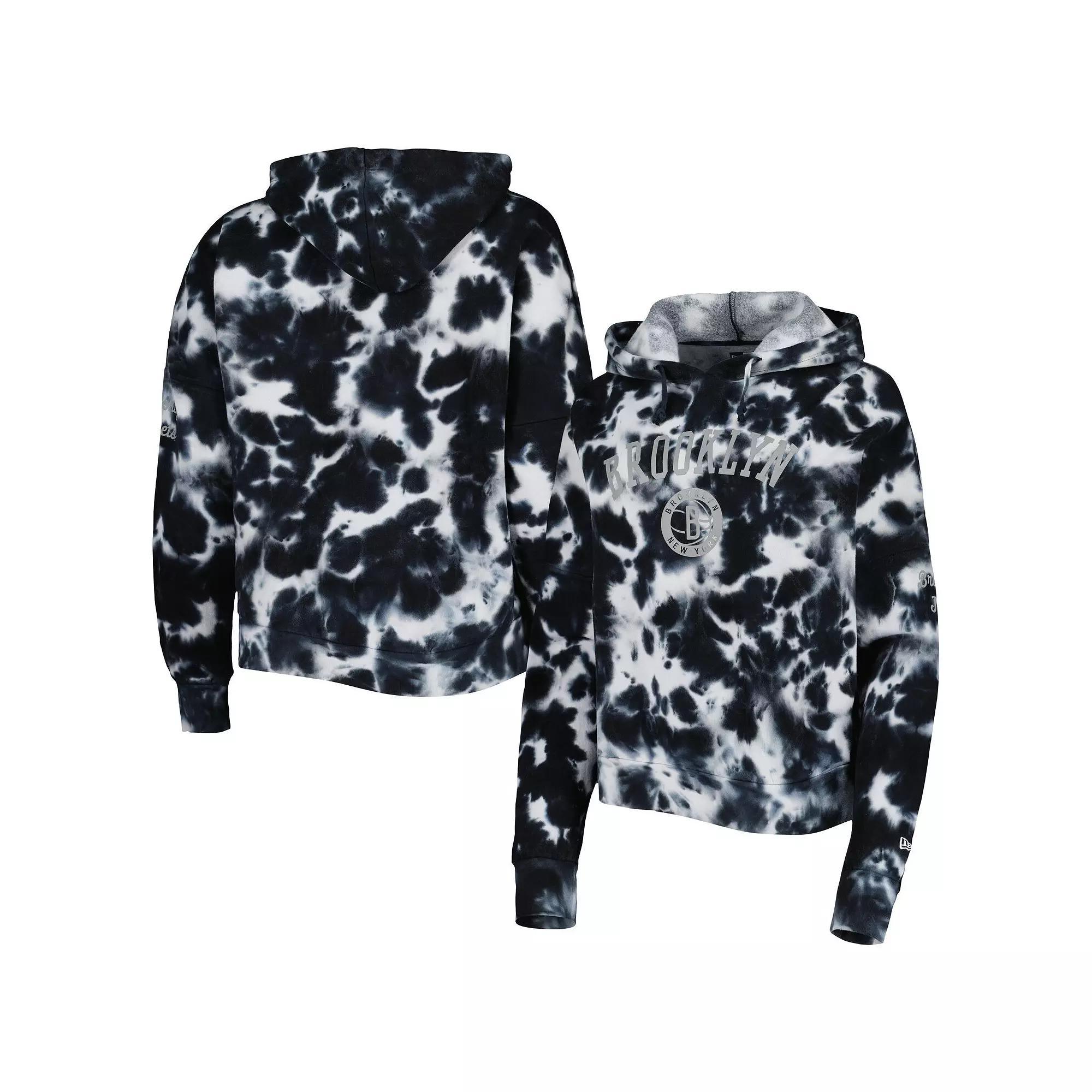 Women's New Era Black Brooklyn Nets Brushed Cotton Tie-Dye Pullover Hoodie, Size: Large Product Image