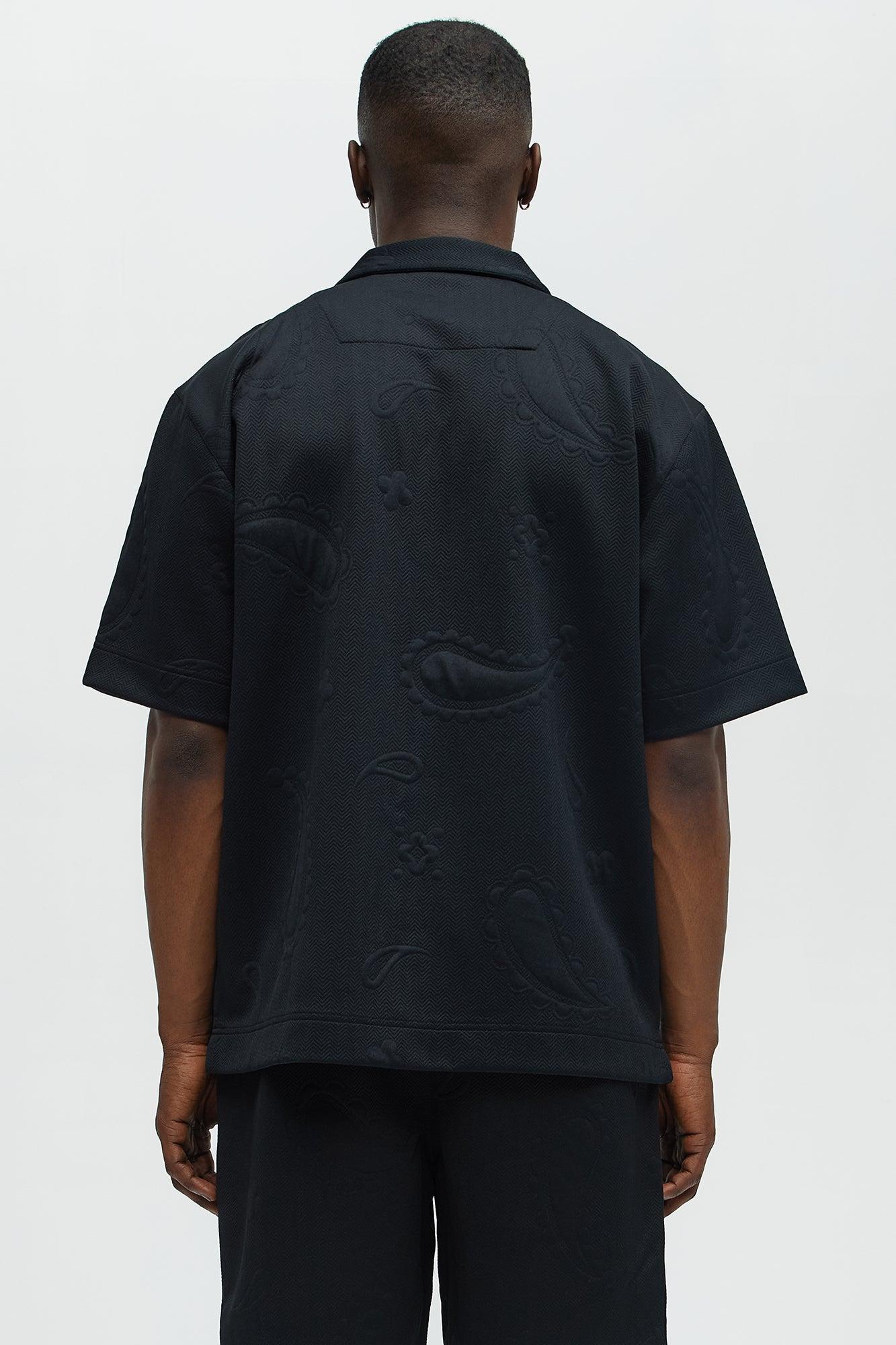 Heavyweight Textured Jacquard Knit Button Up Shirt - Black Male Product Image