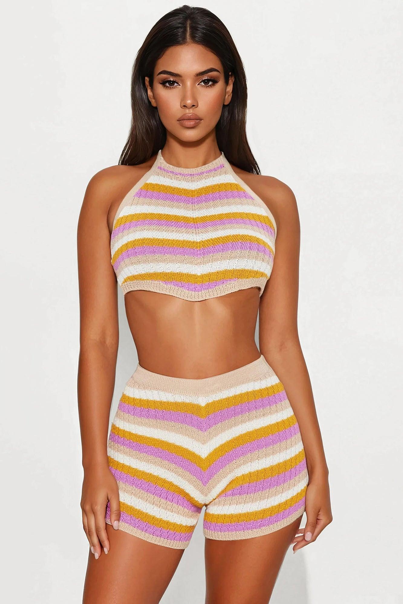 Beach Walk Striped Crochet Short Set - Taupe/combo Product Image