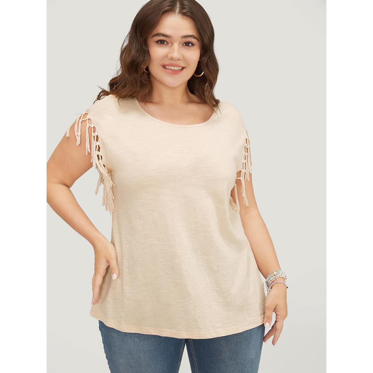 Plus Size Solid Fringe Trim Batwing Sleeve T-shirt Beige Women Elegant Tassels Plain Round Neck Dailywear T-shirts BloomChic 22-24/3X Product Image
