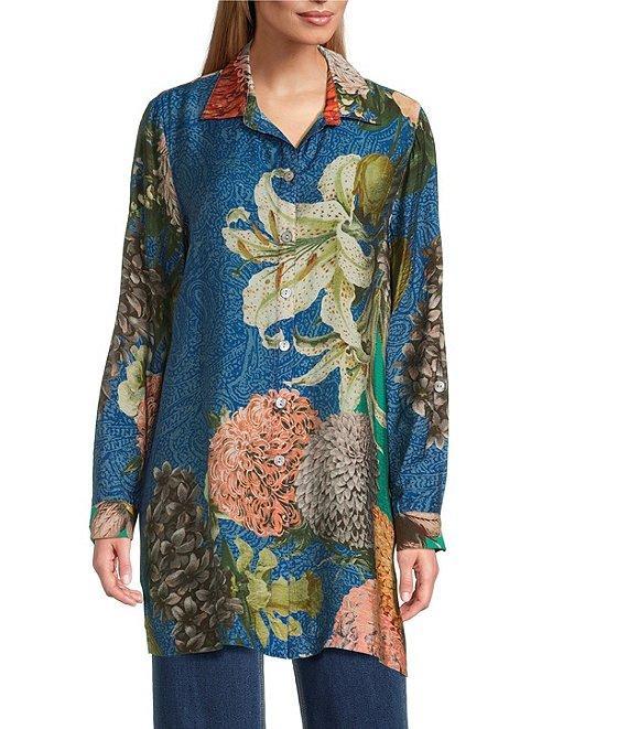 John Mark Large Multi Floral Print Point Collar Long Sleeve Roll Tab Button Up Tunic Product Image