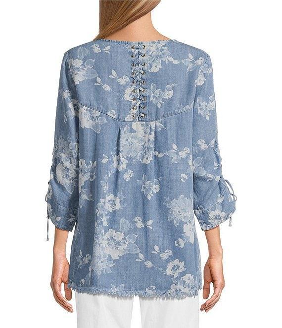 Tru Luxe Jeans Floral Printed Chambray Scoop Neck 3/4 Sleeve Lace-Up Top Product Image