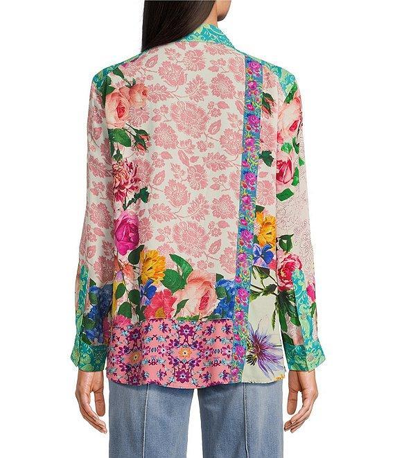 John Mark Petite Size Woven Mixed Floral Point Collar Long Roll-Tab Sleeve Button-Front Blouse Product Image