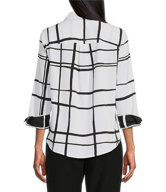 Investments Woven Blocked Plaid 3/4 Sleeve Point Collar Button Front Split Cuff Top Product Image