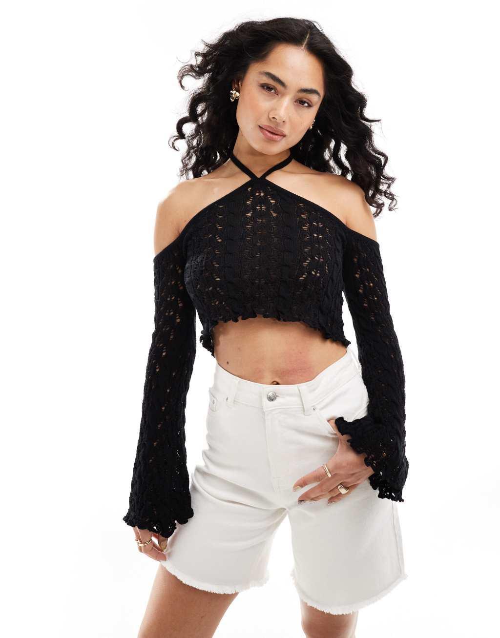 Miss Selfridge crochet long sleeve halter neck in black Product Image