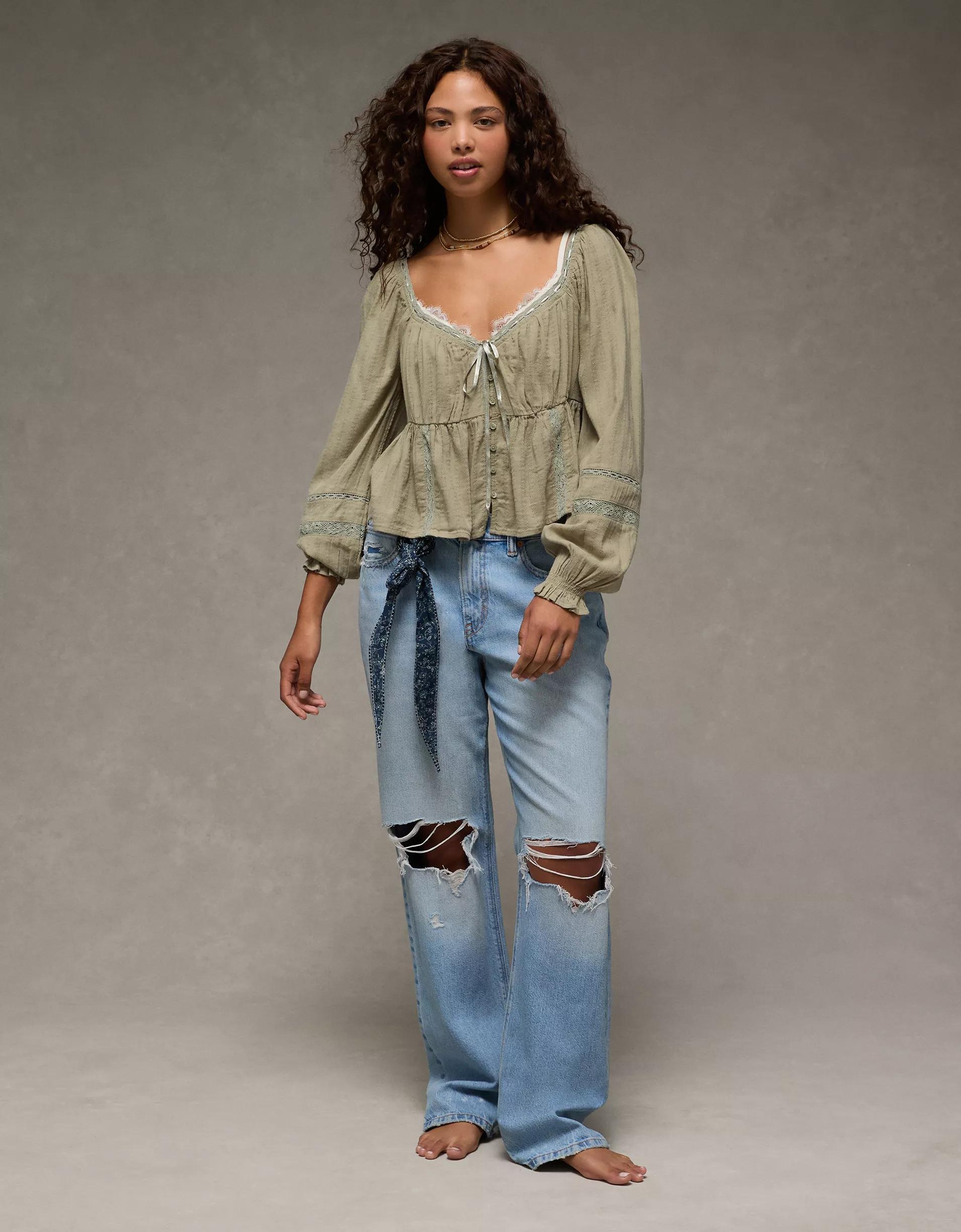 AE Long-Sleeve Babydoll Blouse Product Image