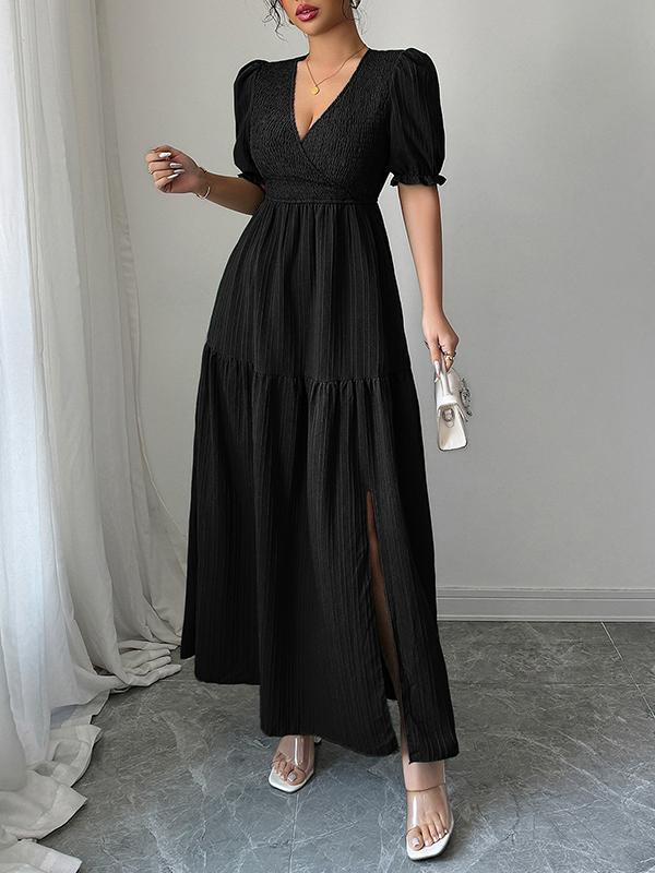 Half Sleeves High Waisted Pleated Solid Color Split-Front V-Neck Maxi Dresses Product Image