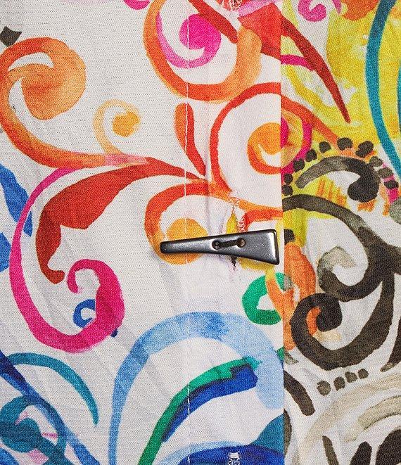 Ali Miles Petite Size Woven Abstract Multi Print Point Collar 3/4 Roll-Tab Sleeve Button Front Tunic Product Image