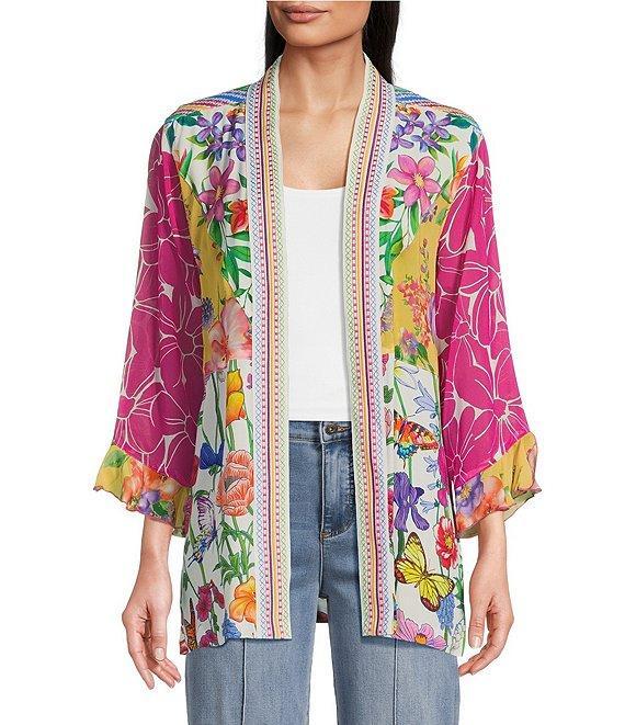 John Mark Mixed Floral Print 3/4 Sleeve Open Front Kimono Product Image