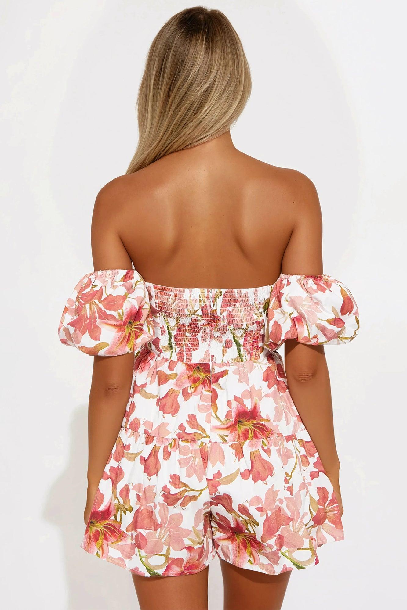 Fun And Flowers Off Shoulder Poplin Romper - Red/combo Product Image