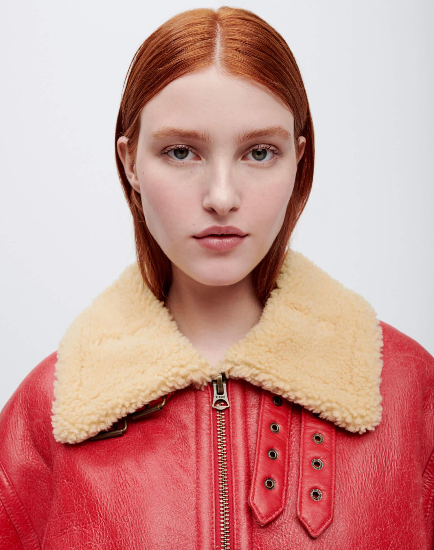 Suede Shearling Aviator Jacket - Red Product Image