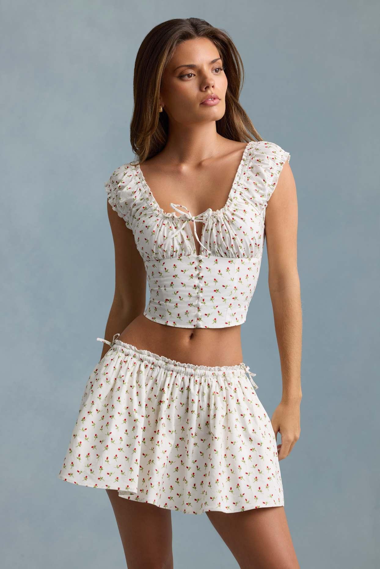 Ruched Cotton-Poplin Corset Top in Rose Print Product Image