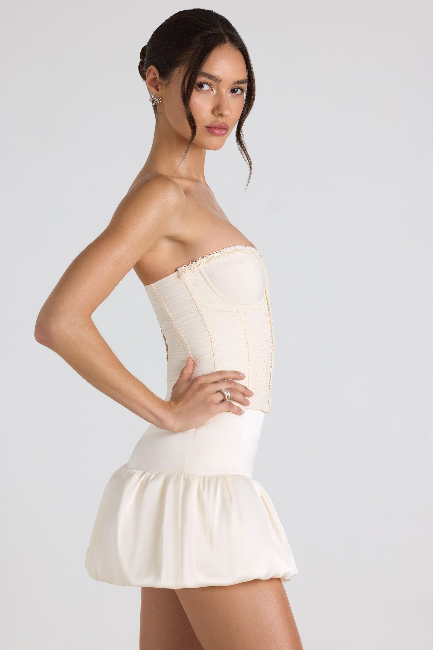 Ruched Lace-Up Strapless Corset Top in Ivory Product Image