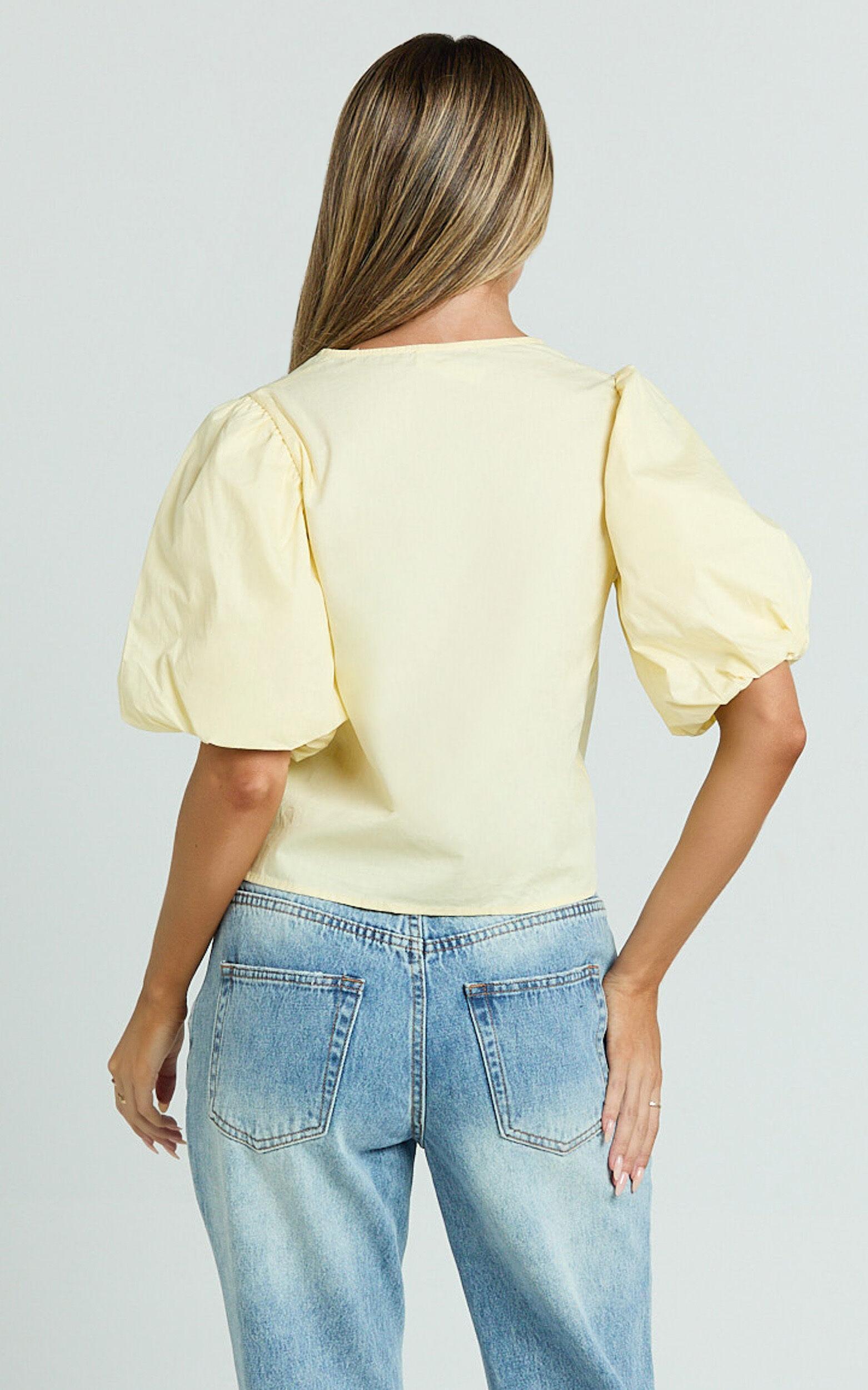 Dana Top - Bow Tie Front Puff Sleeve Blouse in Lemon Product Image