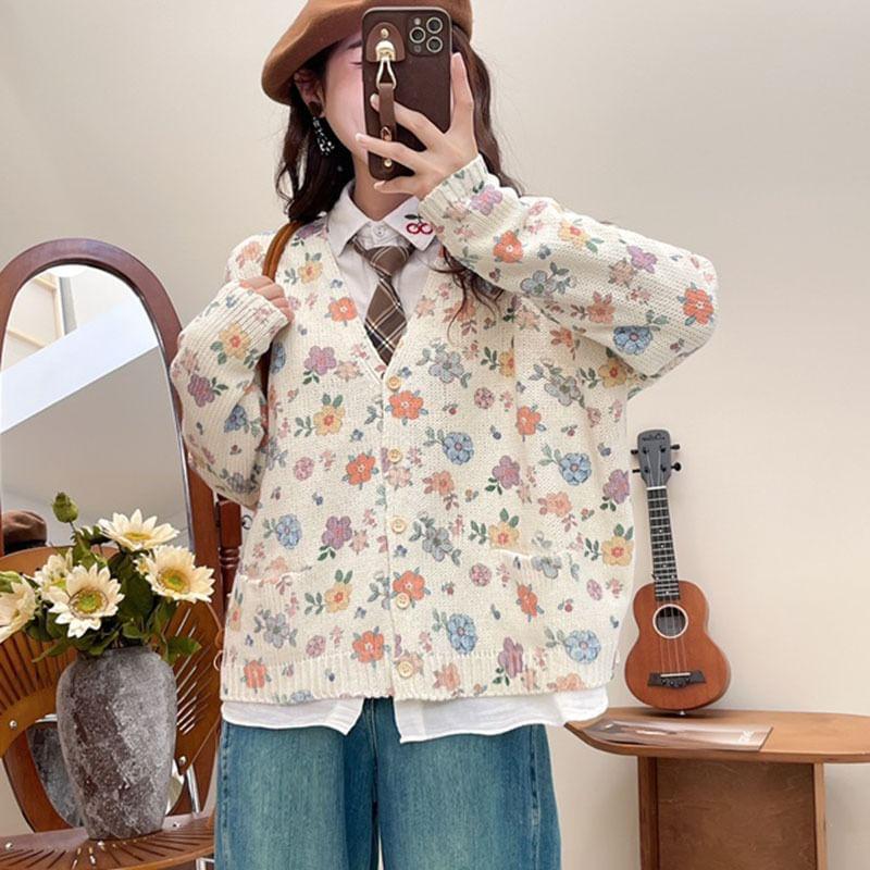 V-Neck Floral Print Button-Up Cardigan Product Image