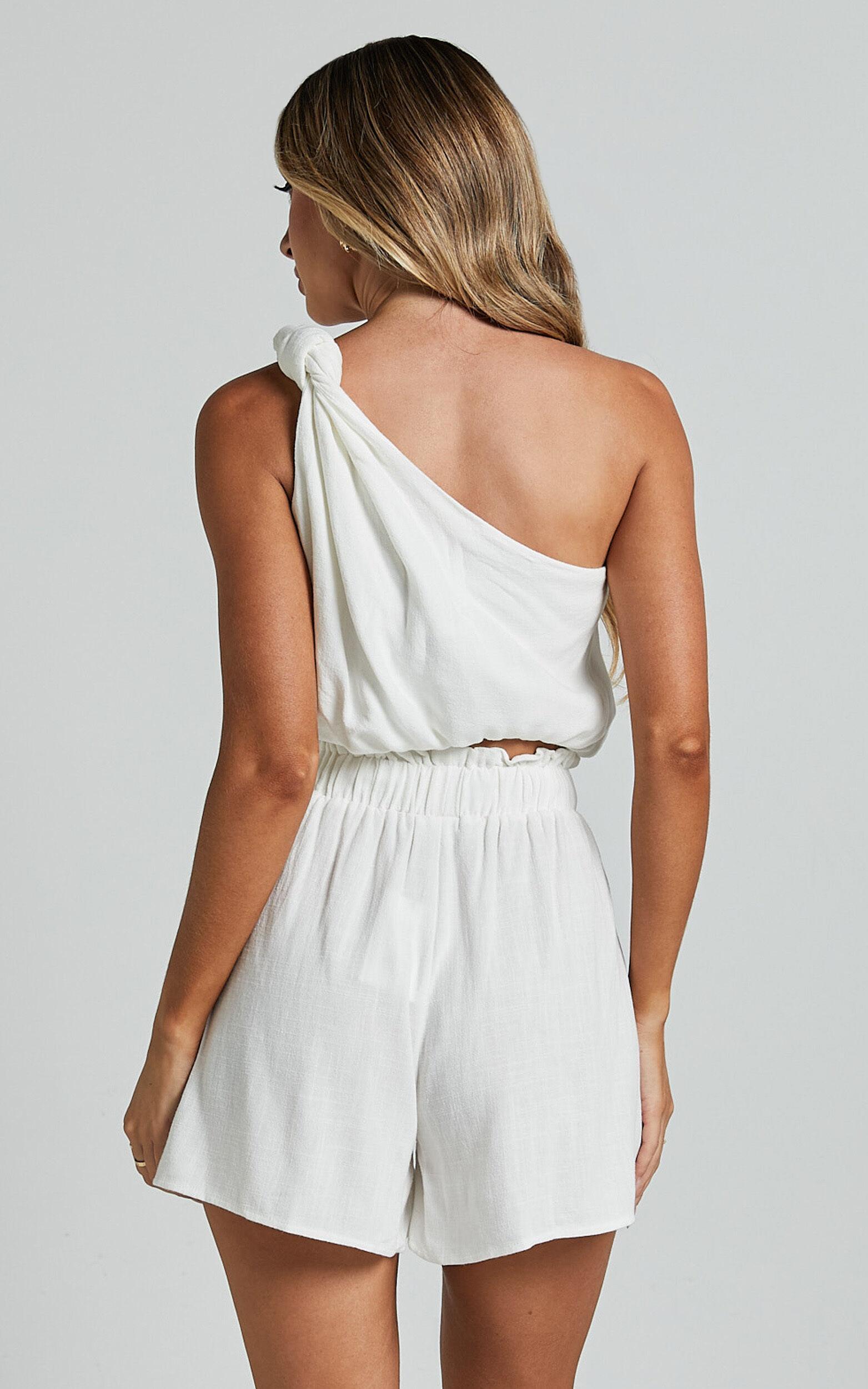 Raylene Two Piece Set - Linen Knotted One Shoulder Top and Paper Bag Waist Shorts in White Product Image