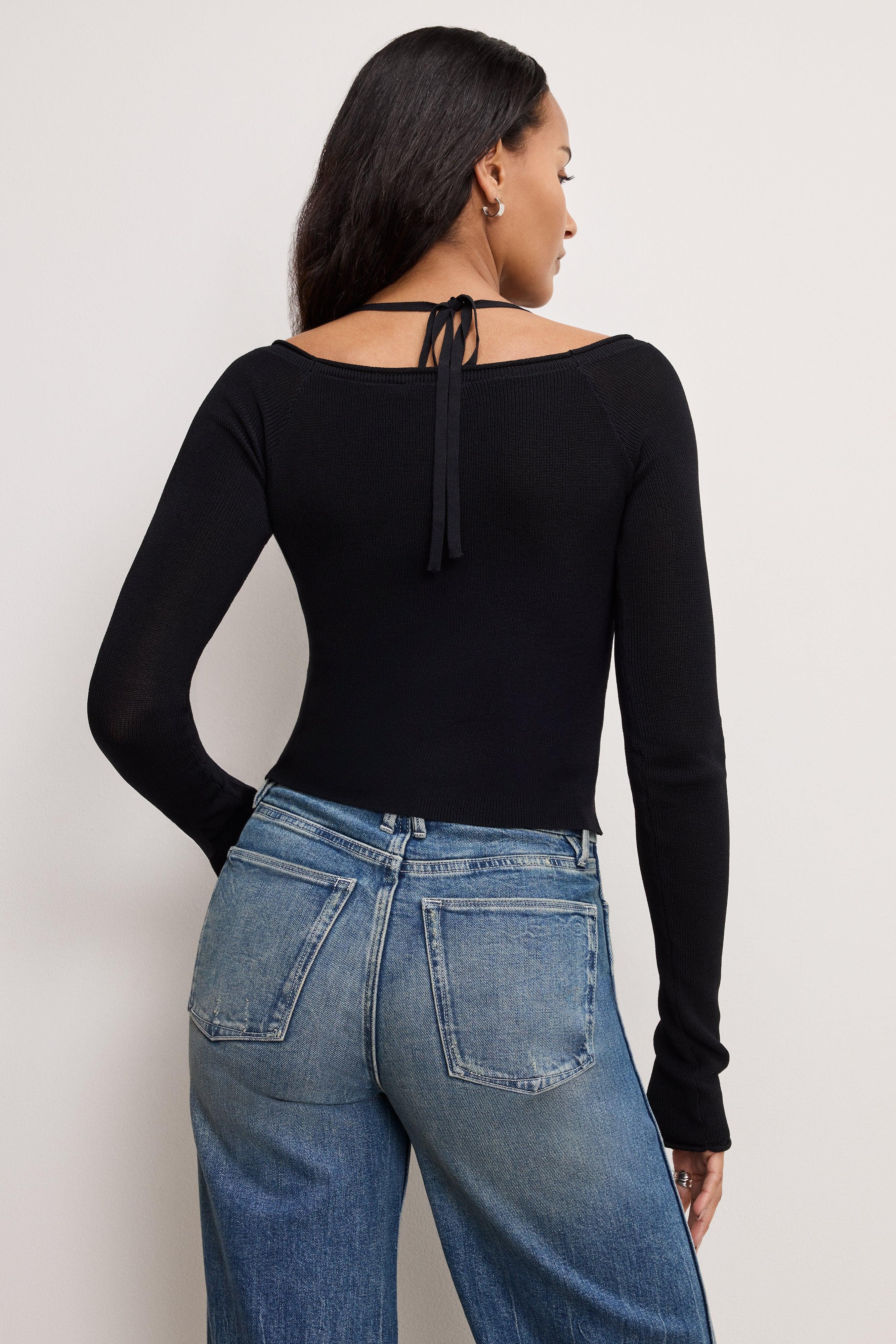 STRETCH RIB KNIT OFF SHOULDER TOP | BLACK001 Product Image