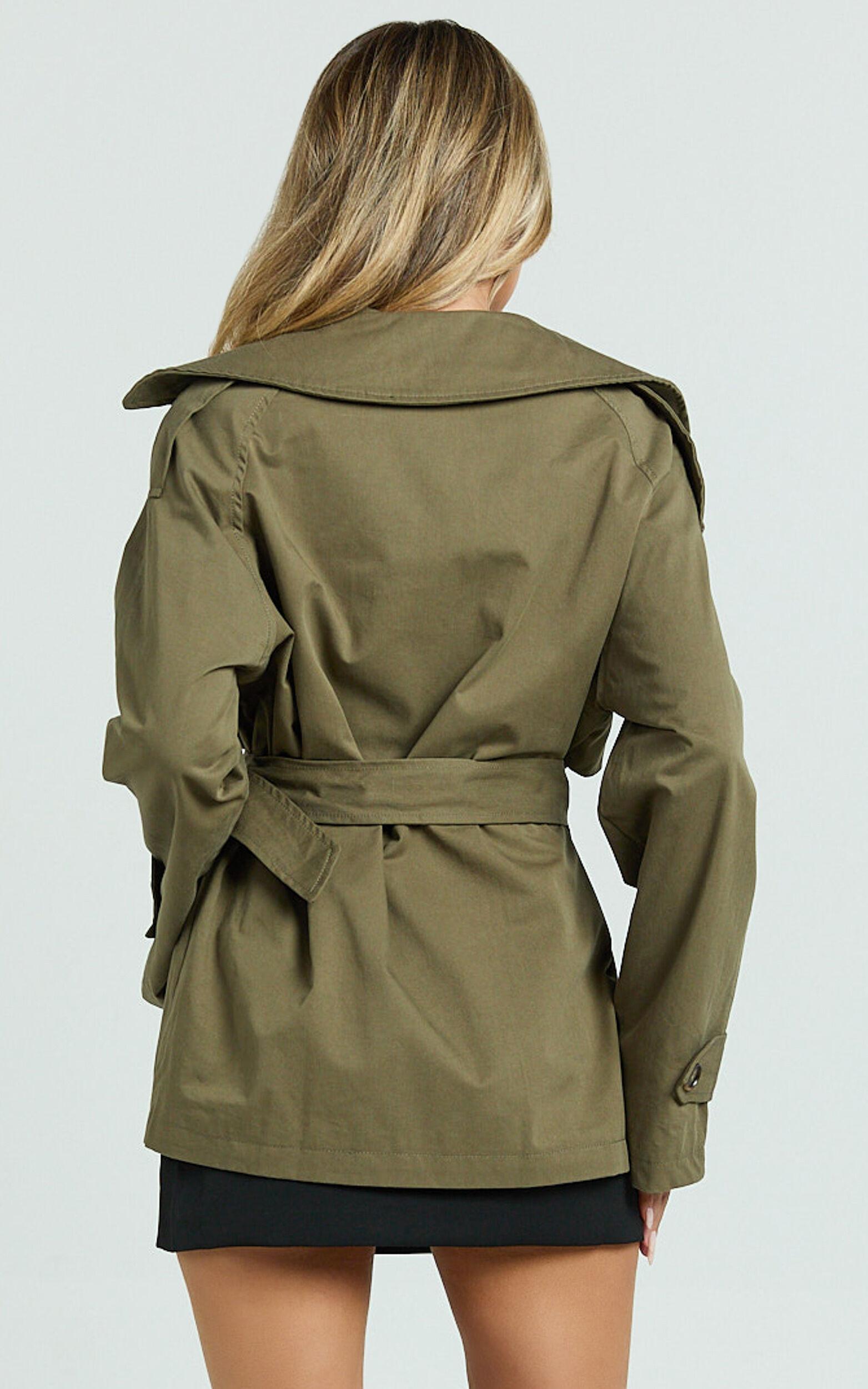Vicky Jacket - Short Belted Trench Coat in Olive Product Image