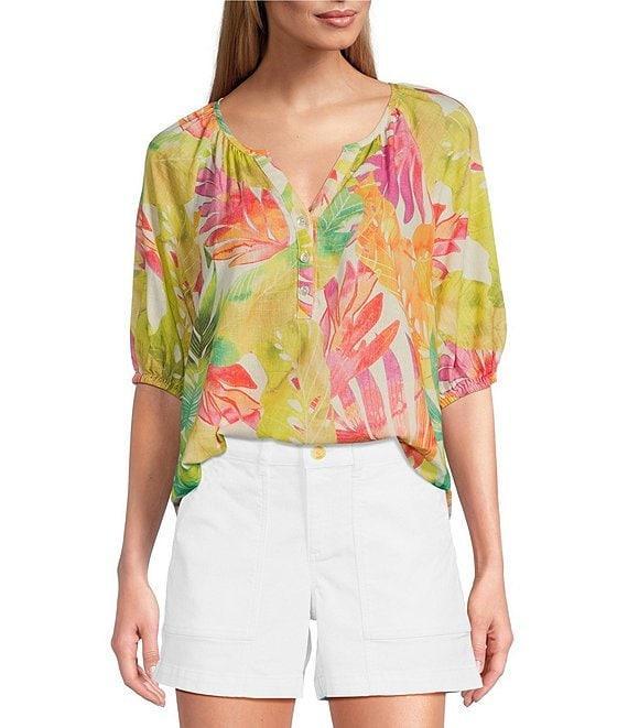 Tommy Bahama Tropicana Isle Printed Woven Split V-Neck Short Puff Sleeves Top Product Image