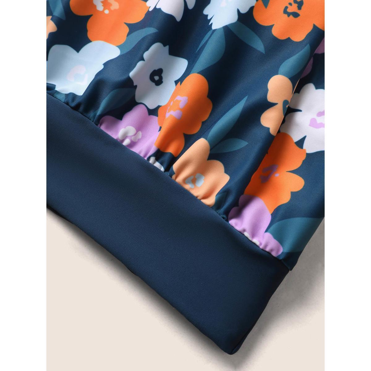 Plus Size Floral Patchwork Round Buckle Detail Swim Top Women's Swimwear Indigo Beach Contrast High stretch Bodycon Heart neckline Curve Swim Tops BloomChic 18-20/2X Product Image