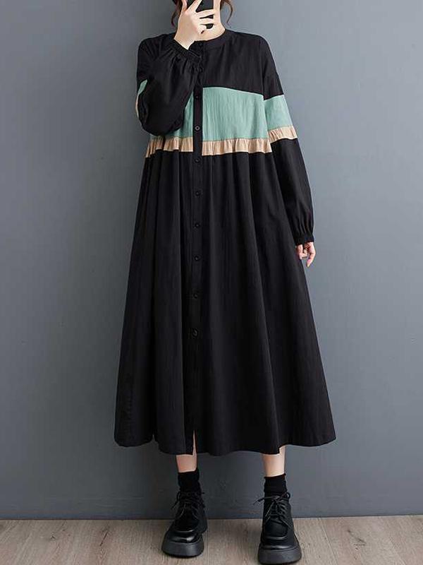 Long Sleeves Loose Buttoned Contrast Color Elasticity Split-Joint Round-neck Midi Dresses Product Image