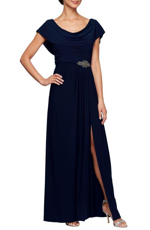 Alex Evenings Matte Jersey Cowl Neck Drape Back Detail Short Sleeve Side Embellishment Pleated Thigh High Slit Long Gown Product Image