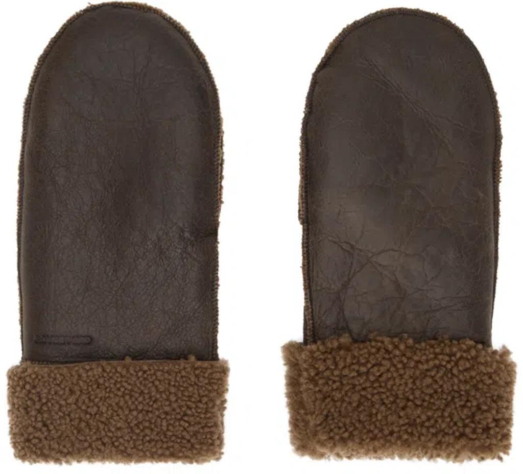 OUR LEGACY Brown Shearling Mittens In Rustic Grain Brown Product Image