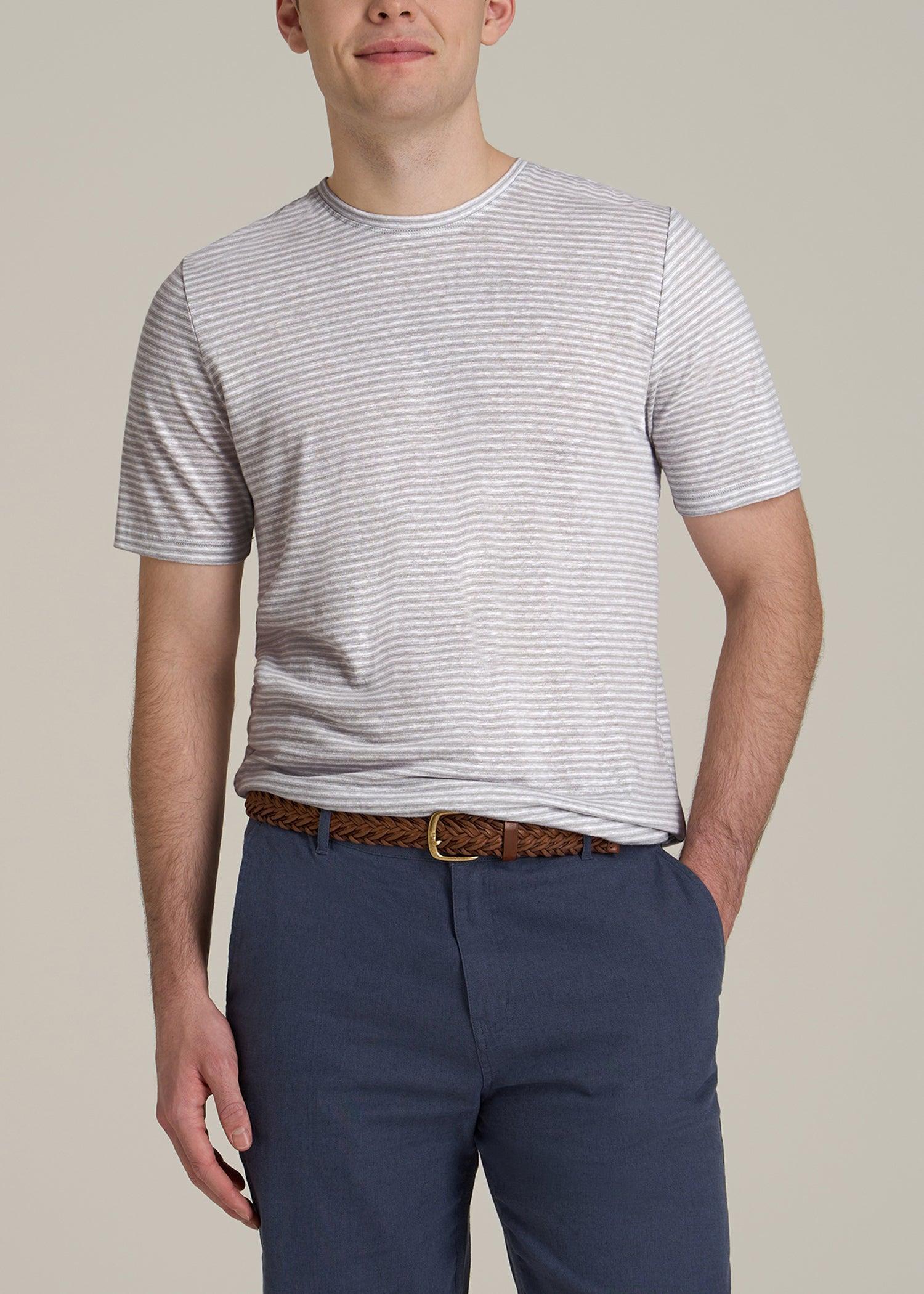 Linen Crewneck T-Shirt for Tall Men in Grey and White Mini Stripe Male Product Image
