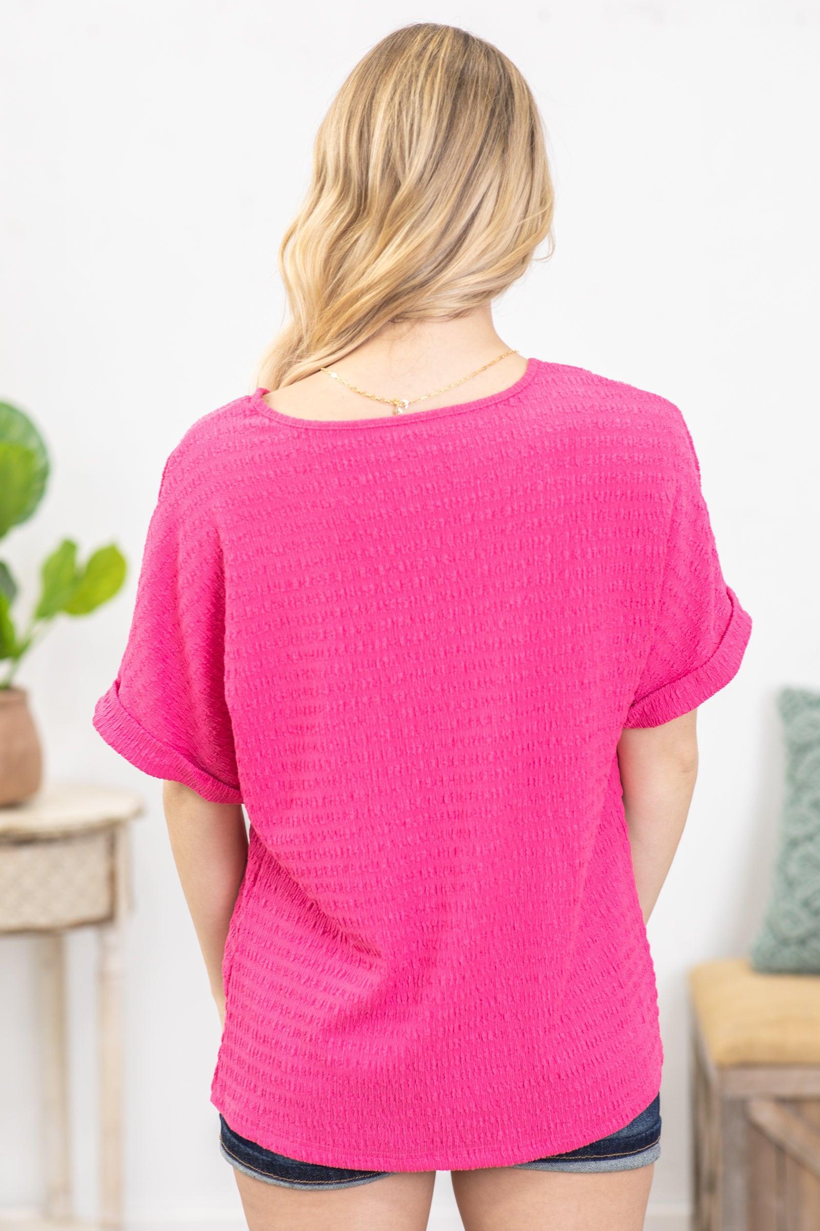 Hot Pink Textured Rolled Sleeve Knit Top Product Image