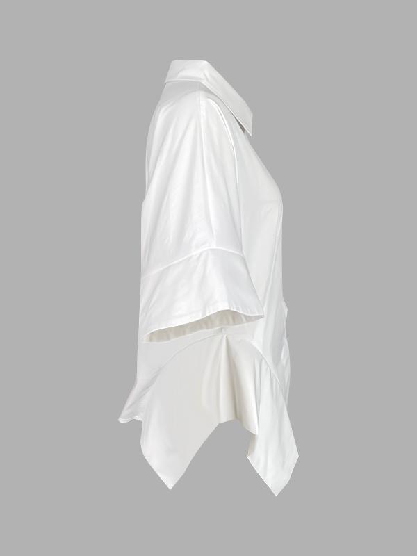 Half Sleeves Loose Buttoned Solid Color Lapel Blouses&Shirts Tops Product Image