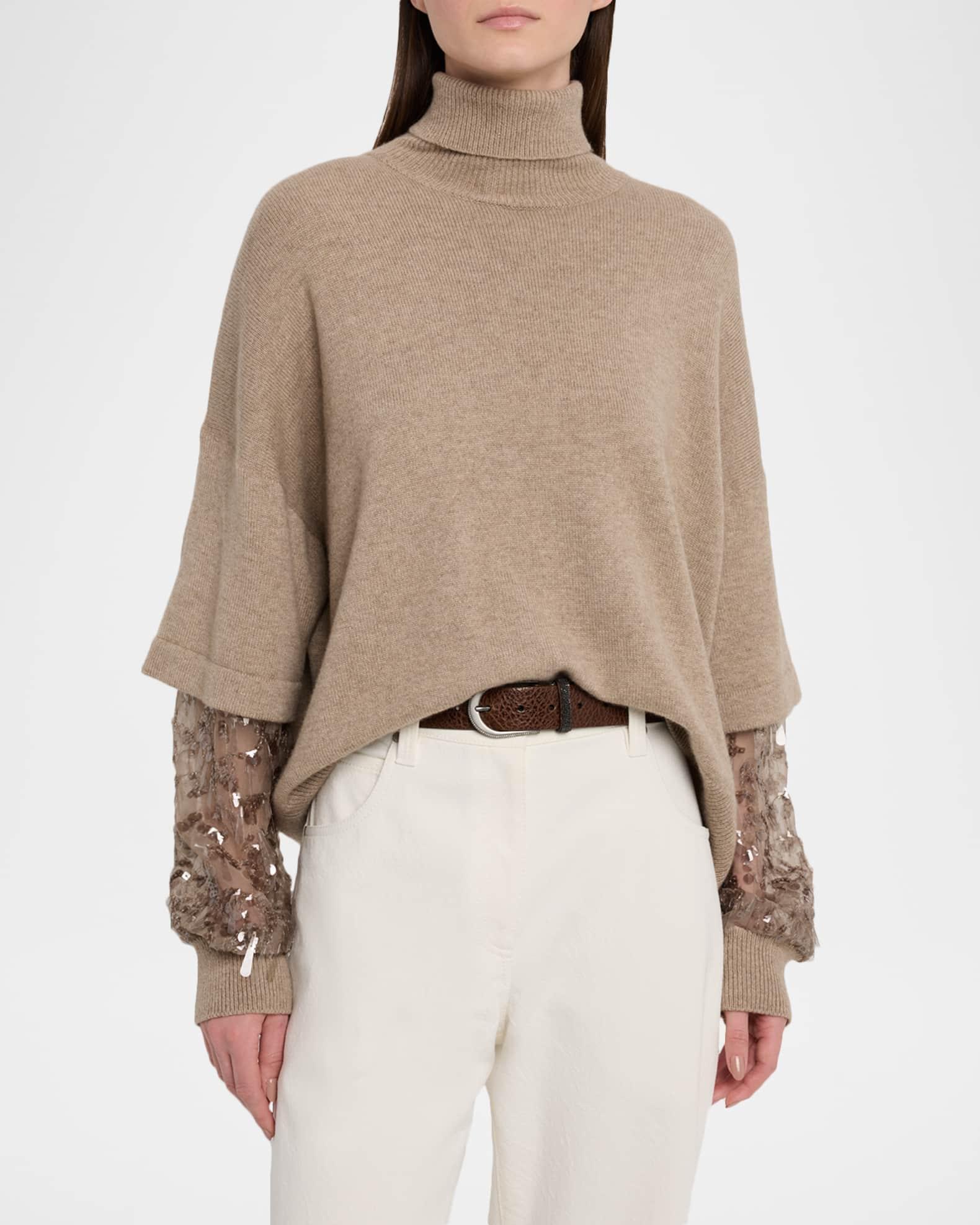 Cashmere Turtleneck Sweater with Sheer Sequined Sleeves Product Image