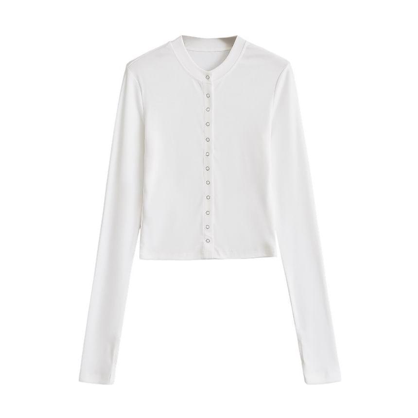 Mock Neck Plain Button-Up Crop Cardigan Product Image