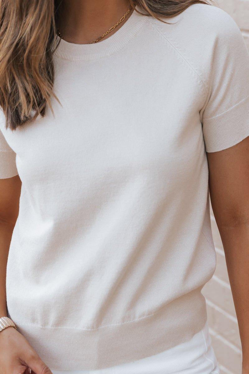 Beige Short Sleeve Crew Neck Sweater Product Image