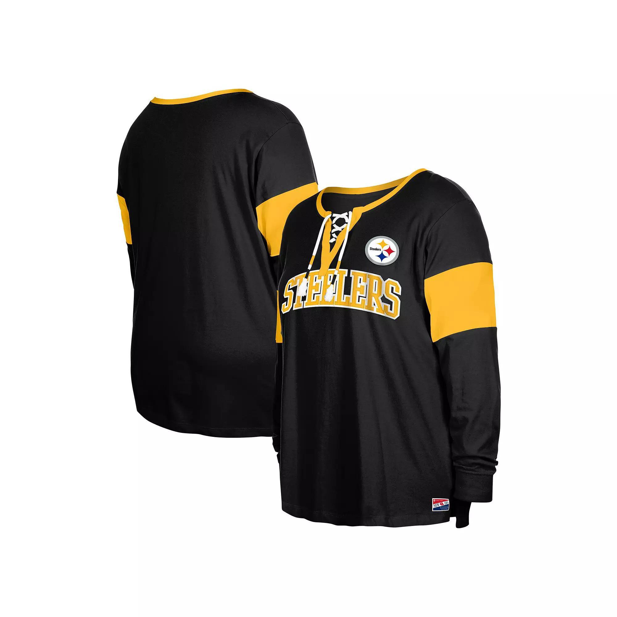 Women's New Era Black Pittsburgh Steelers Plus Size Lace-Up Notch Neck Long Sleeve T-Shirt, Size: 1XL Product Image