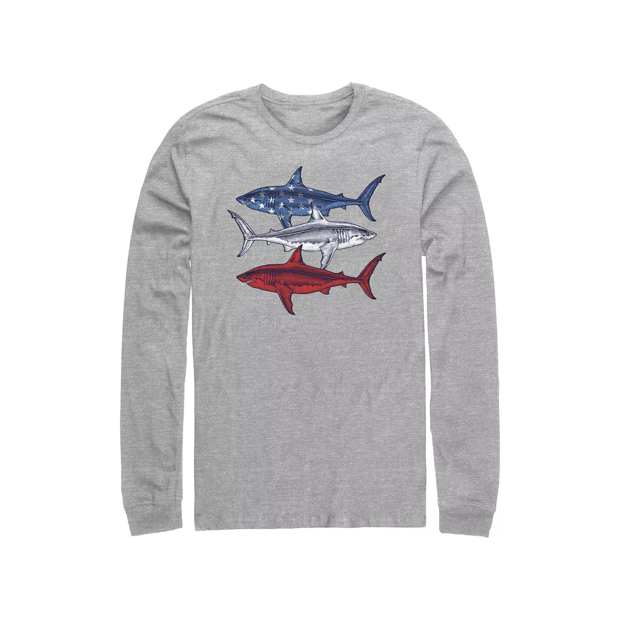Men's Red White And Blue Sharks Long Sleeve Graphic Tee, Size: XL, Athletic Grey Product Image