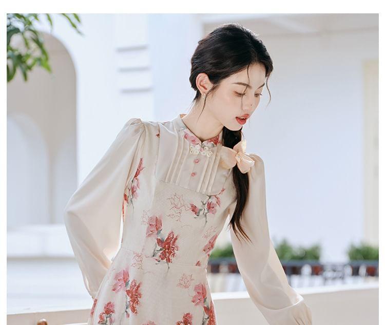 Mock Two-Piece Long-Sleeve Floral Print Midi A-Line Dress Product Image