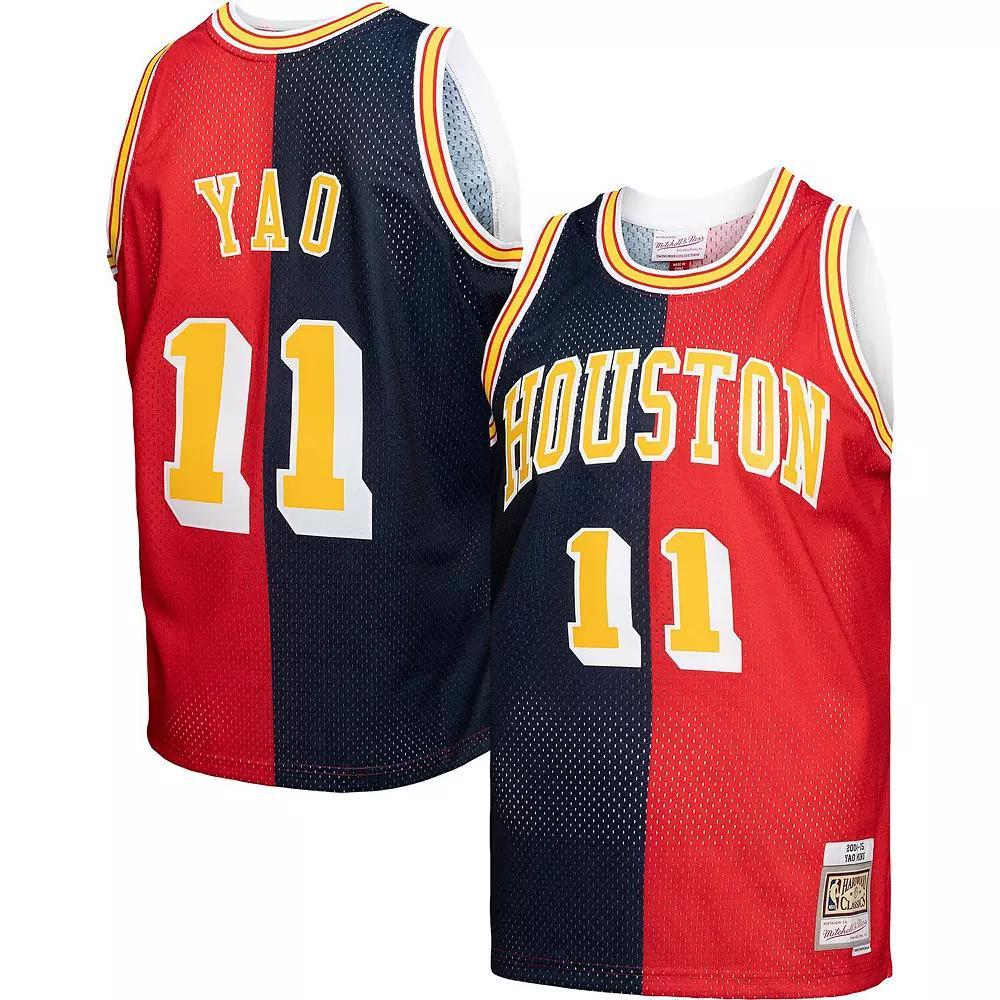 Men's Mitchell & Ness Yao Ming Navy/Red Houston Rockets Hardwood Classics 2004-05 Split Swingman Jersey, Size: XL, Blue Product Image