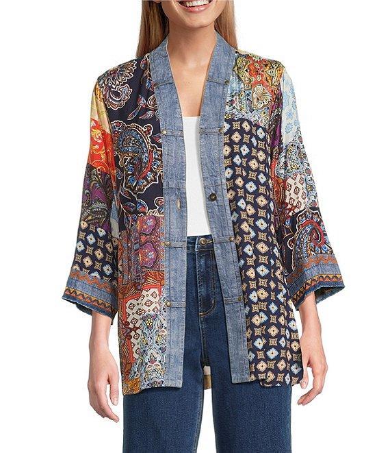 John Mark Embroidered Patchwork 3/4 Sleeve Open Front Kimono Product Image