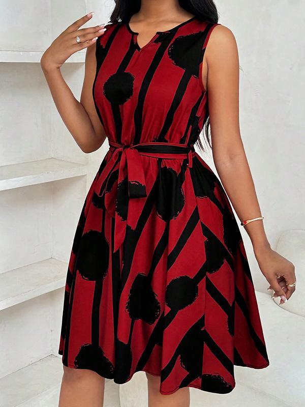 A-Line Loose Contrast Color Tied Waist Round-Neck Mini Dresses Product Image