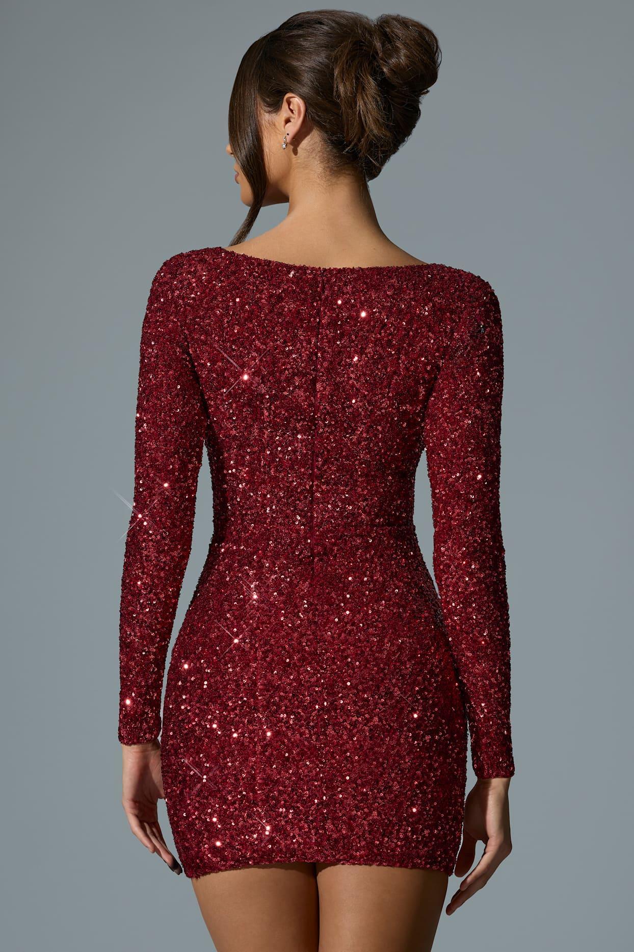 Embellished Sweetheart-Neck Mini Dress in Red Product Image
