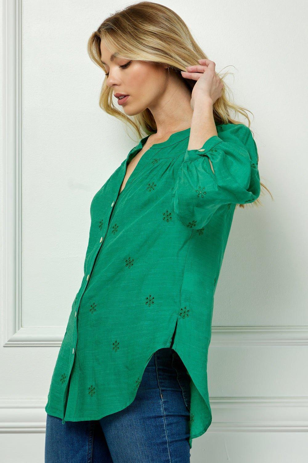 Long Sleeve Button Front Yoke Neck Top Product Image
