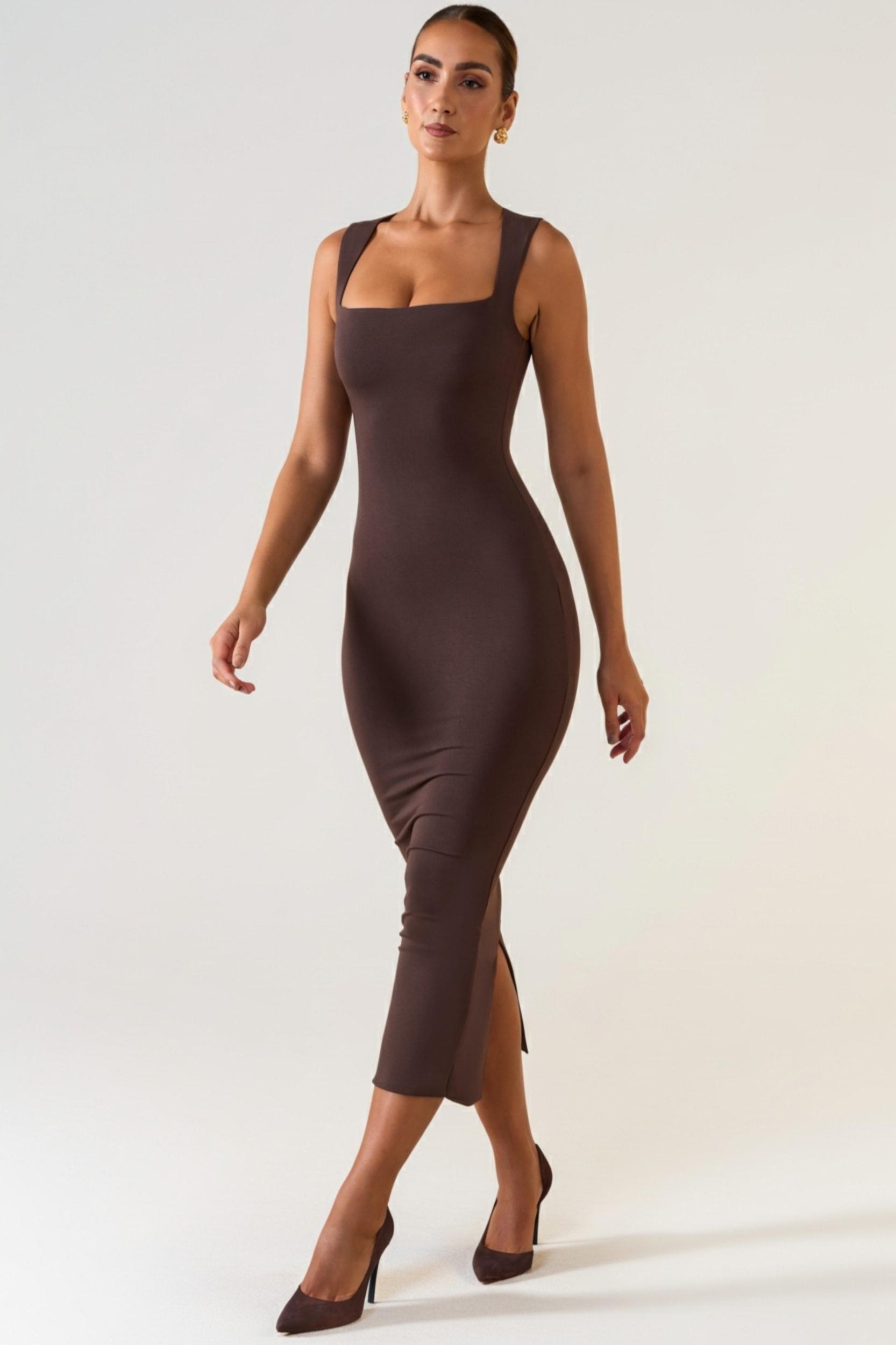 Square Neck Midi Dress in Chocolate Brown Product Image