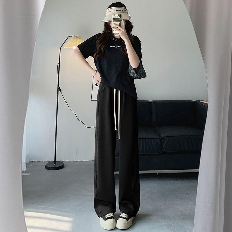 Drawstring Waist Plain Wide Leg Sweatpants Product Image