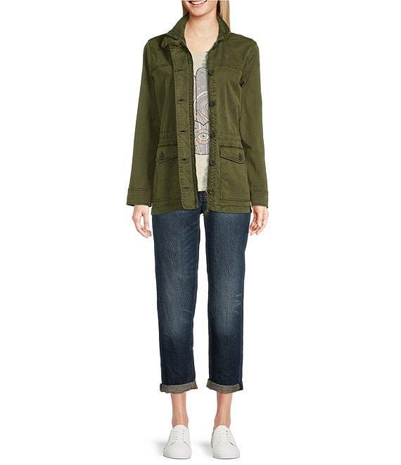 Lucky Brand Point Collar Long Sleeve Drawstring Waist Patch Pocket Button Front Utility Jacket Product Image