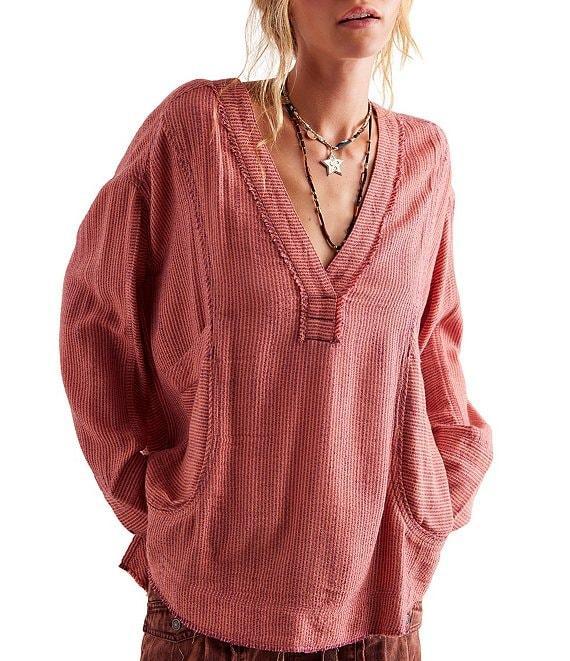 Free People By The Shore Stripe Printed V-Neck Long Sleeve Shirt Product Image